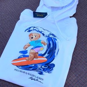 NWT Polo Ralph Lauren Surfing Bear Long Sleeve Hoodie Shirt XL White